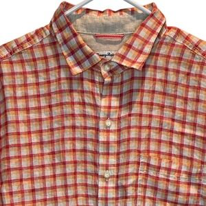 Tommy Bahama Mens 100% Linen Short Sleeve Red Orange Plaid Button Up Shirt Large